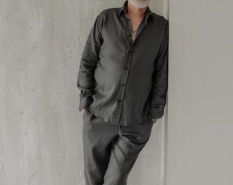 Traje casual de linho masculino, roupas de linho minimalistas masculinas, terno de material ecológico, terno de linho masculino, calças e camisa de linho masculinas, presente de aniversário do marido