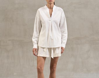 White Cotton Pj Set of Shirt & Shorts, Minimalist Sleep wear, Handmade Home Clothing, Casual Loungewear, Women’s Pajamas, Mom Birthday gift