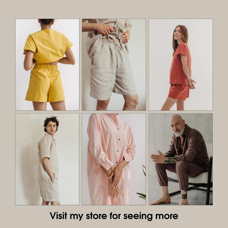 May include: A collection of six people wearing different styles of clothing. The clothing is made of linen and features a variety of colors, including yellow, brown, pink, and red. The clothing is casual and comfortable, perfect for everyday wear.