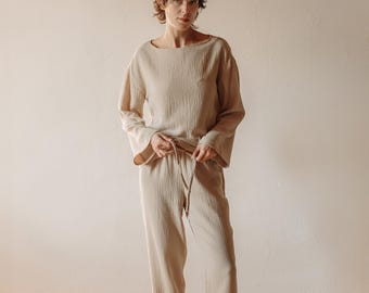 Beige Muslin Pajama Set, Women's Long Sleeve Cotton Loungewear