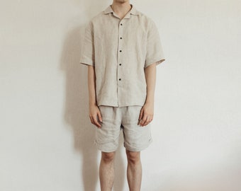 Terno de linho masculino de material natural, roupas de linho masculinas modernas, conjunto 2 em 1 de shorts e camisa de linho masculino, roupa casual de linho, presente para o dia dos pais