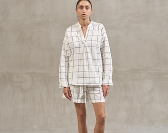 Gridded Cotton Pajama Set, Checkered Women Sleepwear, Comfortable Home Clothes, Quality Lounge Wear, Modern Women’s Pj, Soft Shirt & Shorts