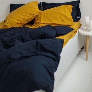 Soft Organic Cotton Bedding, Navy and Mustard Full Queen Duvet Cover Set, Custom Size Duvet Cover with 2 Pillowcases, Housewarming Gift