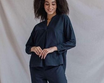 Navy Blue Pajama Set Women, Women Cotton Pant and Shirt, Natural Eco Material Pajamas, Long Sleeve Home Clothing, Grandma Birthday gift