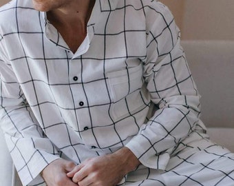 Classic Gridded Mens Set, Modern Mens Cotton Pajamas, Eco Friendly Men's Sleepwear, Modern Home Outfit for Him, Fathers Dat Gift Idea