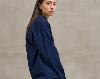Navy Blue Cotton Pajama Set, Minimalist Women Sleepwear, Cozy Home Clothing, Eco friendly Lounge Wear, Women’s Pj Set, Blue Shirt & Shorts