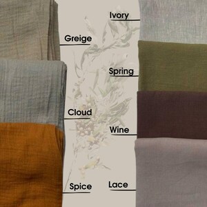 May include: A collection of fabric swatches in various colours, including ivory, greige, cloud, spice, lace, wine, spring, and more. The swatches are arranged in a vertical row, with the names of each colour written below them.