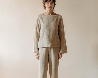 Gray Muslin Pajama Set, Cotton Long Sleeve Pajamas