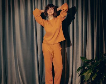 Orange Muslin Pajama Set, Soft Cotton Long Sleeve PJ