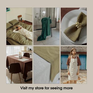 May include: A set of linen tablecloths and napkins in various shades of green and brown. The tablecloths are shown on a table, a bed, and a plate. The napkins are shown folded on a plate and on a table. Visit my store for seeing more.