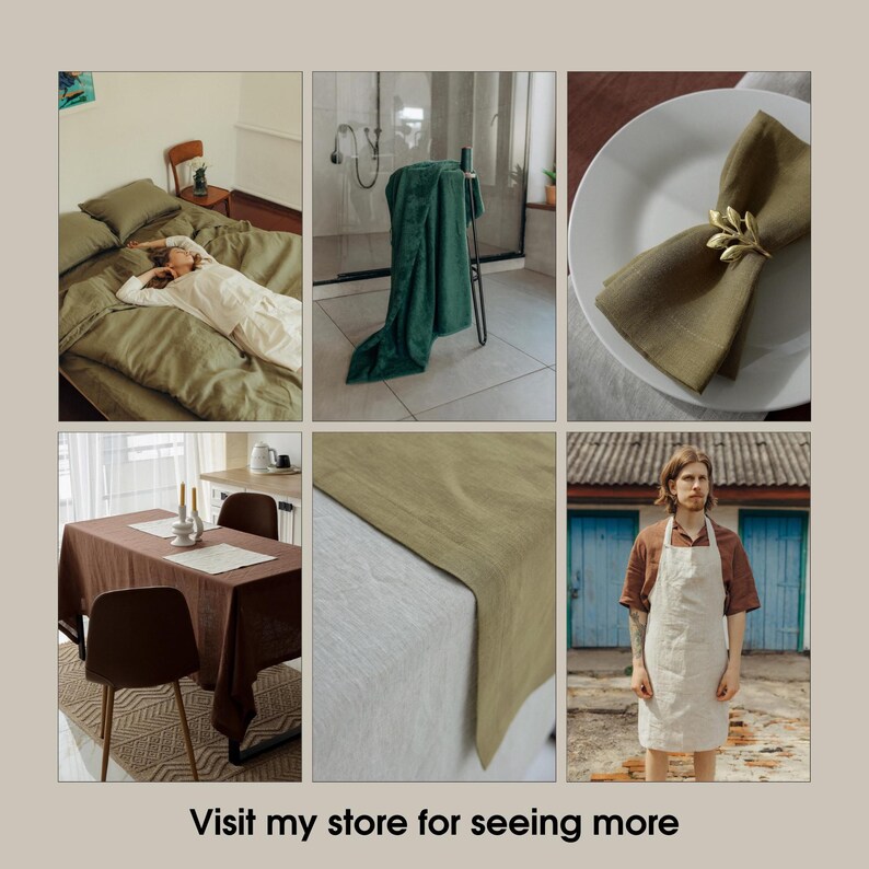 May include: A set of linen tablecloths and napkins in various shades of green and brown. The tablecloths are shown on a table, a bed, and a plate. The napkins are shown folded on a plate and on a table. Visit my store for seeing more.