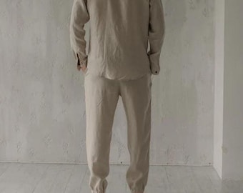 Terno de linho de luxo masculino, terno de linho estético masculino, calças e camisa minimalistas masculinas, traje de linho moderno masculino, presentes para marido