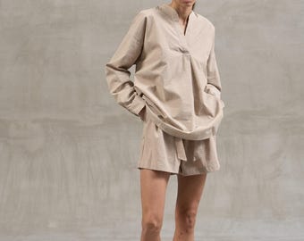 Beige Cotton Pajama Set, Women's Soft Sleepwear, Made in Ukraine