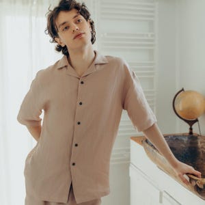 Ropa de lino moderna para hombre, traje de lino ecológico para hombre, conjunto 2 en 1 de lino con pantalones cortos y camisa para hombre, atuendo casual de lino para hombre, regalo para papá