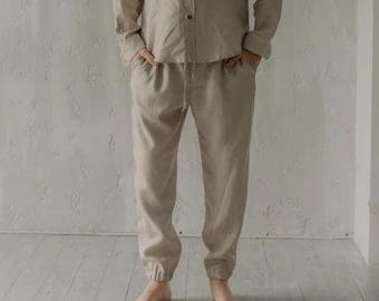 Men white linen pants eco friendly, mens organic linen pants, casual set with shirt men, beach linen men pants, gifts for dad or boyfriend