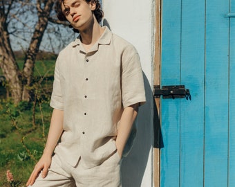 Ivory linen shorts and shirt for men, natural material linen men outfit, eco friendly men linen set, mens casual linen, Dad gift idea