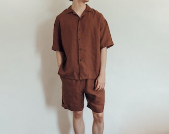 Organic Pajama Set For Men, Shorts & Shirt Linen Pajama In Brown, Beach Clothes For Men, Gift For Boyfriend, Natural Sleepwear Pajama Set