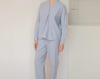 Sky Blue Women Pyjamas Organic Cotton Pajama Set, Lightweight Soft Sleepwear Casual Loungewear Set for Women, Custom Size