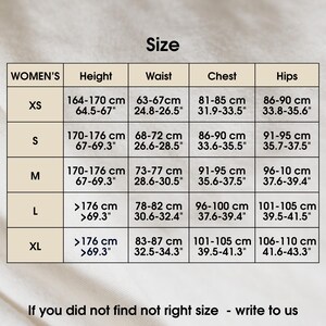 May include: Size chart for women's clothing with measurements in inches and centimeters. The chart includes sizes XS, S, M, L, and XL. The chart shows height, waist, chest, and hip measurements.