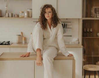 White Pajama Set For Her, Natural Cotton Pajamas, Women's Sleepwear Pant & Shirt, Long Sleeve Home Clothes, Pj Party Gift, Mom Birthday gift