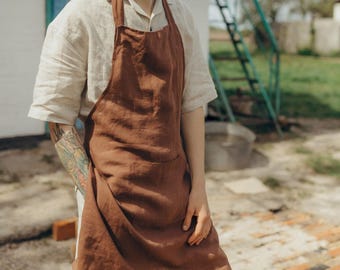 Brown Linen Apron, Kitchen Cooking Apron with Pocket