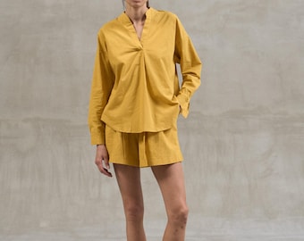 Mustard Yellow Pajama Set, Curry Cotton Sleepwear, Women Homewear, Quality Lounge Wear, Women’s Pj Set, Boho Shirt & Shorts, Girlfriend gift