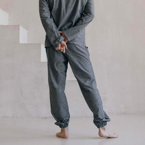 Silver cotton pajamas for men, mens stonewashed cotton pajamas, natural men's sleepwear, shops 100 % cotton pajama siut for men