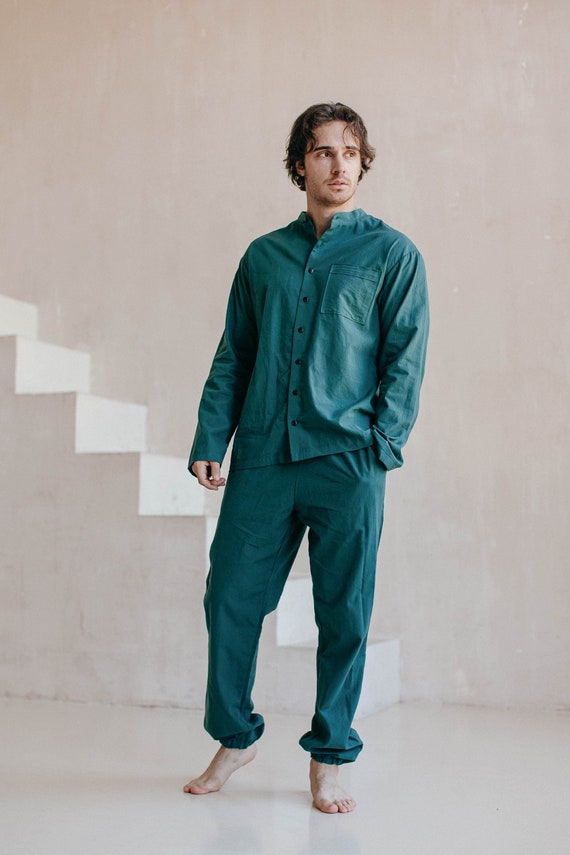 Men's Stonewashed Cotton Pajama, Emerald Cotton Pajama for
