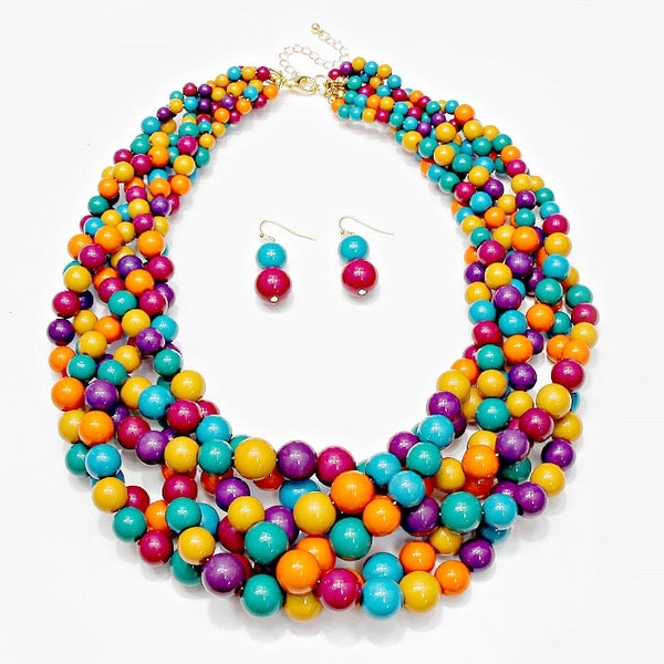 Chunky, Multi Colored, Multi Layered, Bubble Gum Beaded Collar Necklace and Earring Set