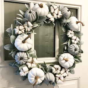 Couronne d'automne | Neutre | Couronne de ferme | Couronne de citrouille blanche | Couronne en coton citrouille | Couronne d'oreilles d'agneau | Plus grande