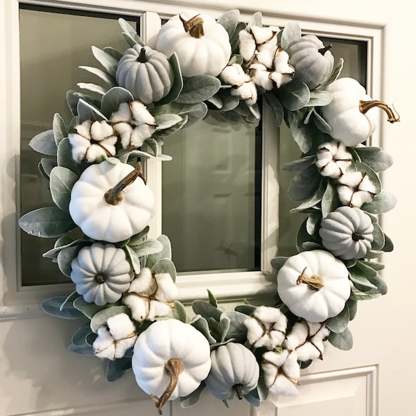Fall Wreath | Neutral | Farmhouse Wreath | White Pumpkin Wreath | Pumpkin Cotton Wreath | Lambs Ear Wreath | Smaller