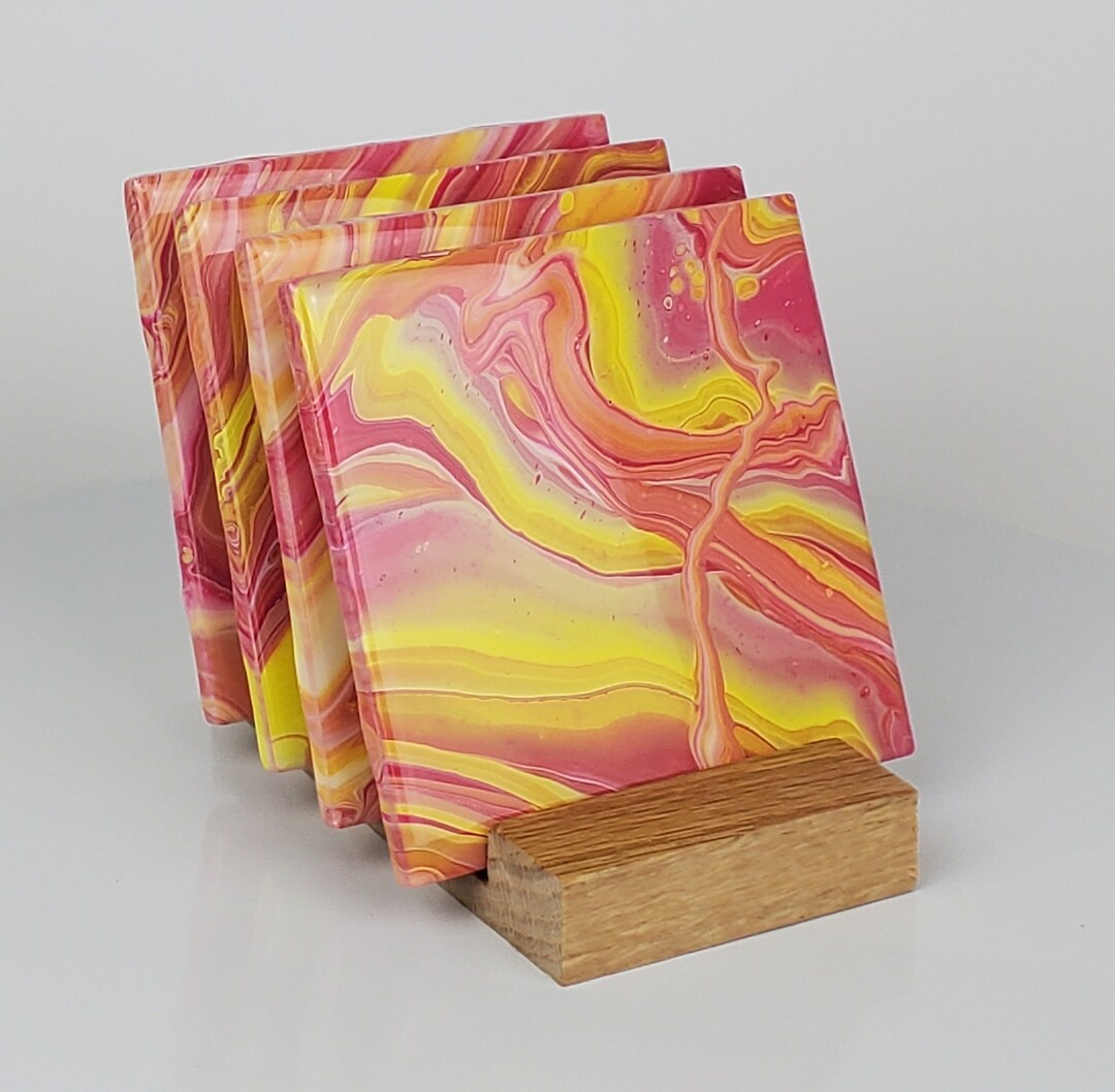 Hand Painted Coasters With Custom Display Holder / Functional Art
