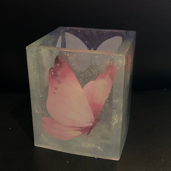 Iridescent pink and blue butterfly sparkle 2” square cup