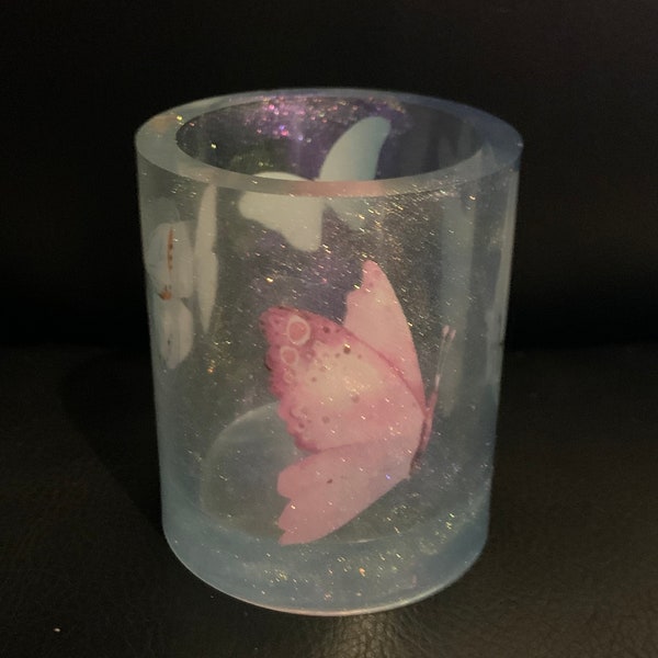 Iridescent pink and blue butterfly sparkle cup 2" diameter