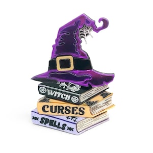 Whimsical Witch Hat & Spell Books Acrylic Brooch • Gothic or Gardener Variant (Hand-Painted)