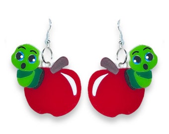 teacher apple with worm earrings