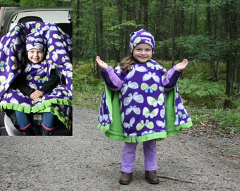 Car Sear Poncho Butterflies - Cozy Gozy Travel Capes Winter Fleece Car Seat Blanket Alternative to Winter Coats.