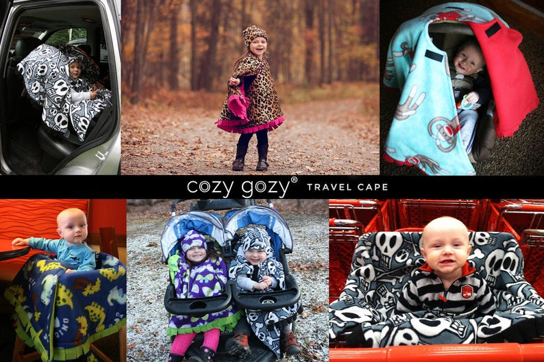Car Seat Poncho Owl Cozy Gozy Travel Capes are warm winter fleece car seat capes that are a safe alternative to heavy coats in car seats. image 5