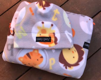 Car Seat Ponchos- ABC Animals - Cozy Gozy Travel Capes are warm winter kid fleece car seat blanket capes that are safe for car seats.