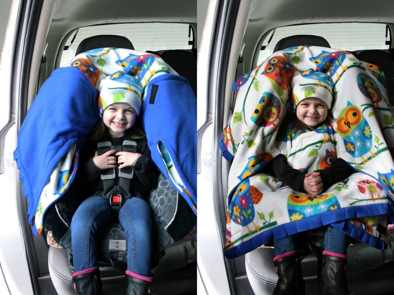 Car Seat Poncho Owl Cozy Gozy Travel Capes are warm winter fleece car seat capes that are a safe alternative to heavy coats in car seats. image 2