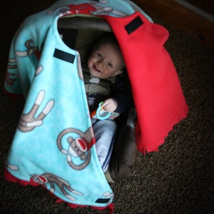 Car Seat Cape, Car Seat Blanket, Car Seat Poncho, Alternative to bulky coats, Sock Monkey image 2