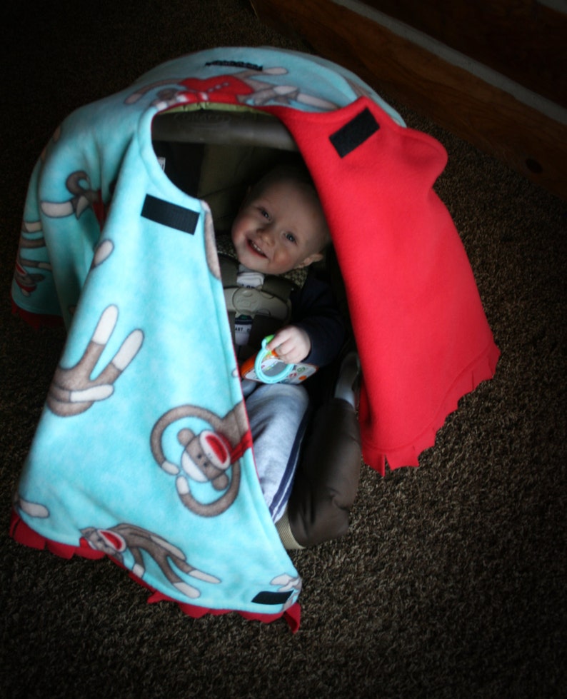 Car Seat Cape, Car Seat Blanket, Car Seat Poncho, Alternative to bulky coats, Sock Monkey image 2