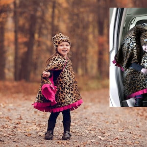 Leopard - Cozy Gozy Travel Capes Winter Fleece Car Seat Poncho Blanket Alternative to Bulky Winter Coats. Cute & Convenient!!