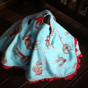 Car Seat Cape, Car Seat Blanket, Car Seat Poncho, Alternative to bulky coats, Sock Monkey image 3