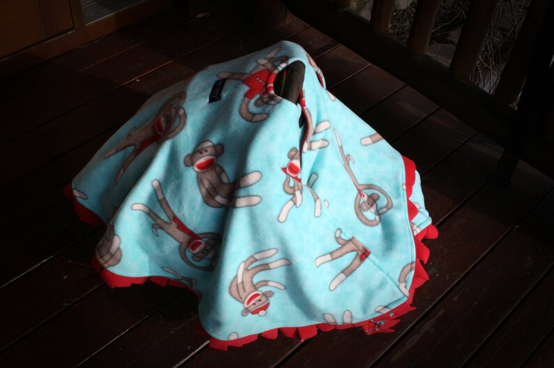 Car Seat Cape, Car Seat Blanket, Car Seat Poncho, Alternative to bulky coats, Sock Monkey image 3