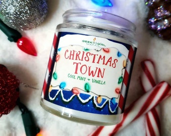 CHRISTMAS TOWN, Cool Mint & Vanilla Scented Candles and Wax Melts, Holiday Candles, Christmas Candles, Holiday Decor, Christmas Decor