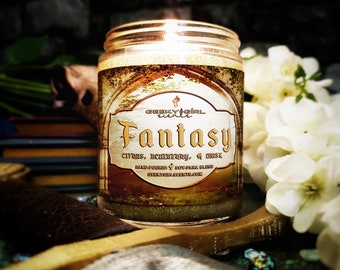 FANTASY, Floral Scented Candles and Wax Melts, Bookish Gift, Book Lover, Citrus, Blueberry, and Musk Vegan Candle, Container Candle, Glitter