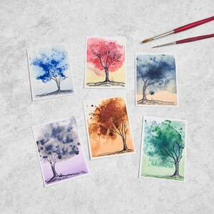ACEO Aquarell Malerei Baum Kunst Karte | Original Miniatur Landschaft Wandkunst | Sammler Handgemaltes Natur Dekor - Set 2
