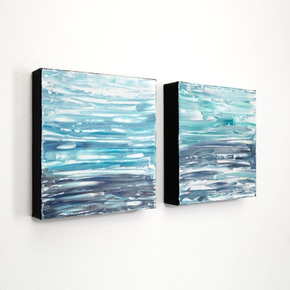 Square Set of 2 Abstract Canvases 20cm, Seascape Painting in Blue and  Green, Small Square Deep Canvas Pictures, 20cm X 20cm, Wall Hangings 