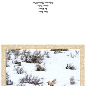 May include: A red fox leaps through a snowy landscape, its tail outstretched and its ears perked up. The fox is surrounded by small, snow-covered bushes.